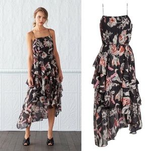 Cooper ST Harlow floral tiered asymmetrical hem midi dress black spaghetti strap